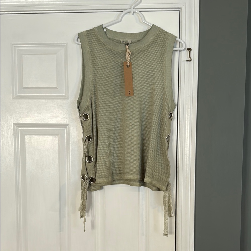 POL Olive Sleeveless Top with Side Lace Detailing